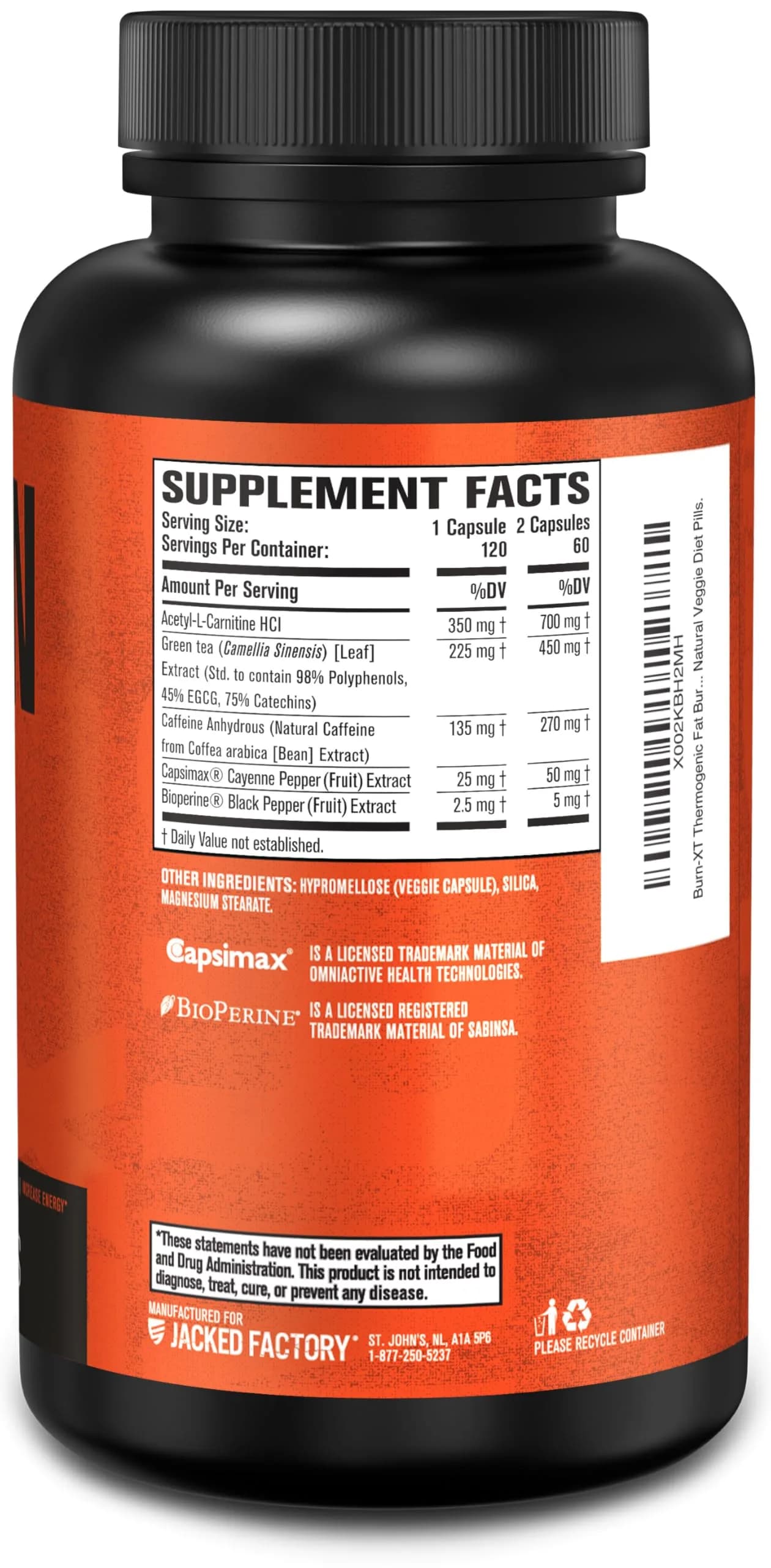 Jacked Factory Burn-XT Clinically Studied Fat Burner & Weight Loss Supplement 120 Count | Metabolism Booster & Appetite Suppressant - view 9