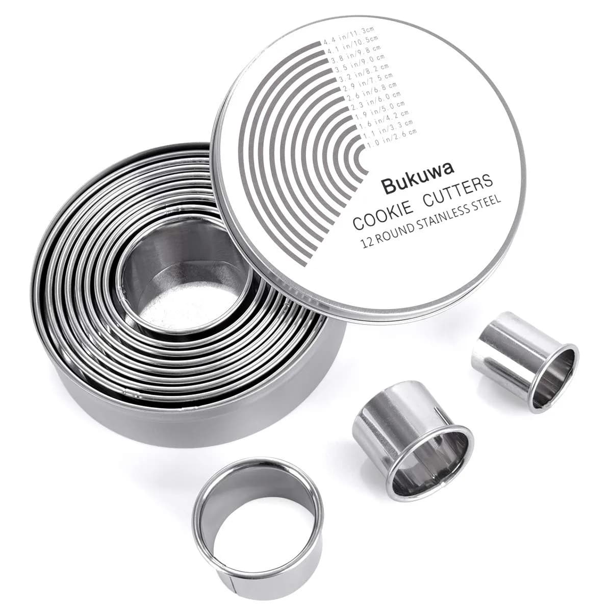 Bukuwa 12 Pcs Round Cookie Biscuit Cutter Set, Graduated Circle Cutters | Stainless Steel, 11.3cm (4.4") Max Diameter - main product image
