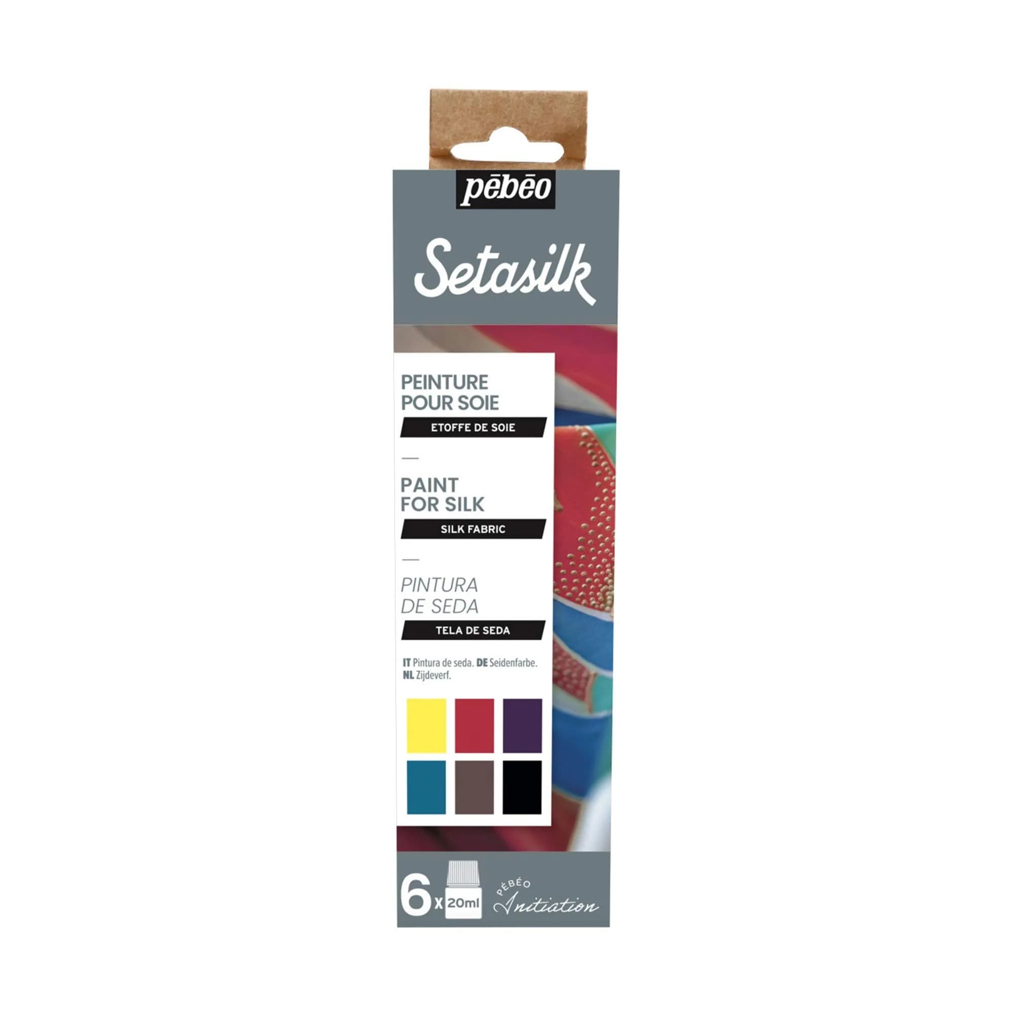 Pebeo Setasilk Silk Fabric Water-Based Paints 6x20ml Assorted | Bright, Glossy Finish for Silk Art - main product image