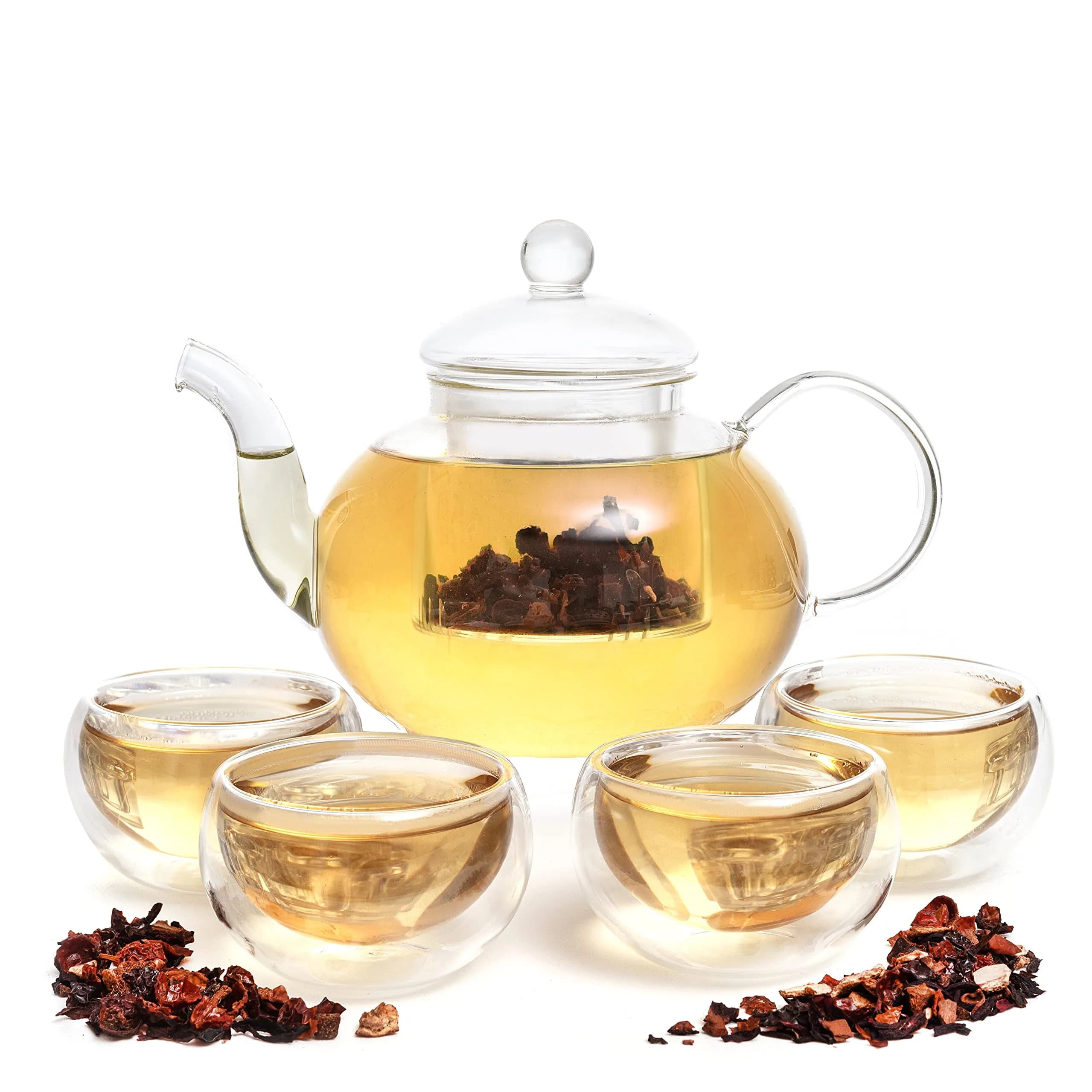 Moss & Stone Glass Tea Kettle Infuser & 4 Cups Gift Set 1L (27oz) | Borosilicate Glass Teapot with Removable Strainer & 80ml Cups