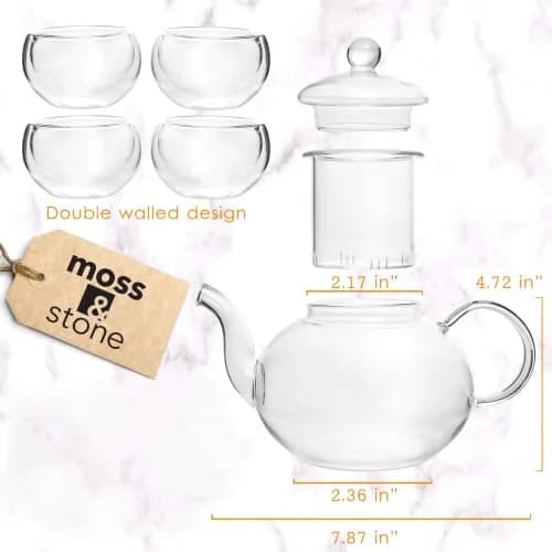 Moss & Stone Glass Tea Kettle Infuser & 4 Cups Gift Set 1L (27oz) | Borosilicate Glass Teapot with Removable Strainer & 80ml Cups thumbnail 2