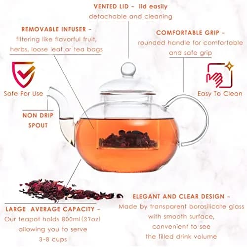 Moss & Stone Glass Tea Kettle Infuser & 4 Cups Gift Set 1L (27oz) | Borosilicate Glass Teapot with Removable Strainer & 80ml Cups thumbnail 3