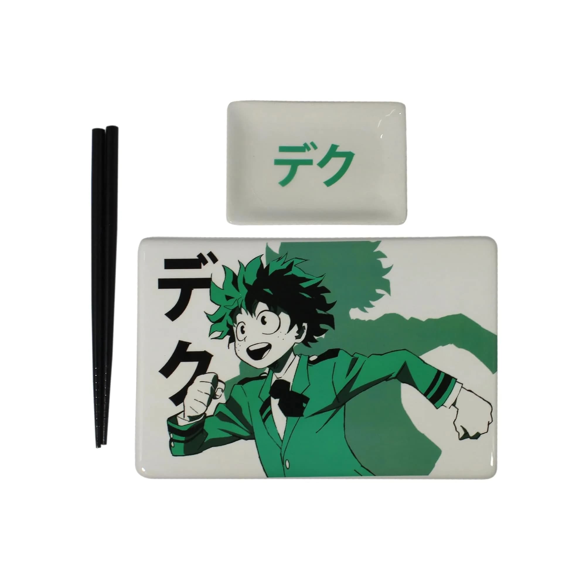 JUST FUNKY My Hero Academia Deku Sushi Plate Set | 5.5” x 8.2” Ceramic Plate, Soy Sauce Dish & Chopsticks, Green - main product image