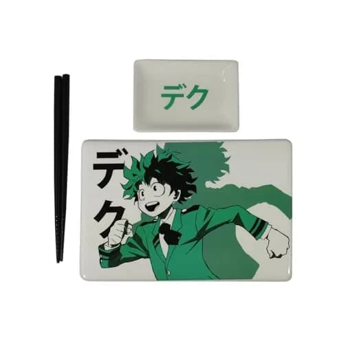 JUST FUNKY My Hero Academia Deku Sushi Plate Set | 5.5” x 8.2” Ceramic Plate, Soy Sauce Dish & Chopsticks, Green thumbnail 1