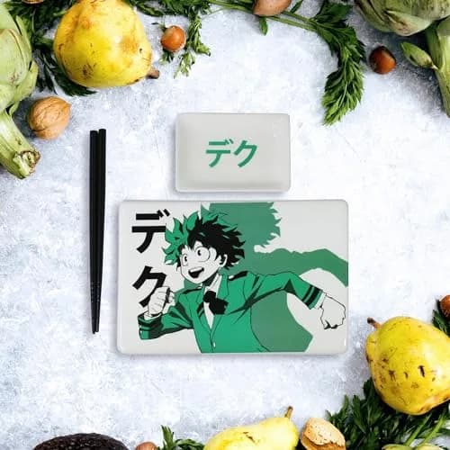 JUST FUNKY My Hero Academia Deku Sushi Plate Set | 5.5” x 8.2” Ceramic Plate, Soy Sauce Dish & Chopsticks, Green thumbnail 3