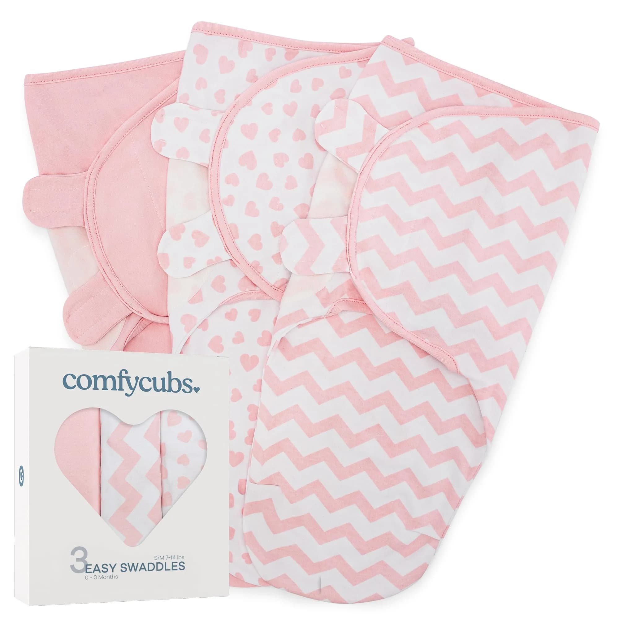 Comfy Cubs Baby Swaddle Blanket Small | Breathable 100% Cotton, Adjustable, 3-Pack Pink