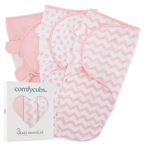 Comfy Cubs Baby Swaddle Blanket Small | Breathable 100% Cotton, Adjustable, 3-Pack Pink thumbnail 1