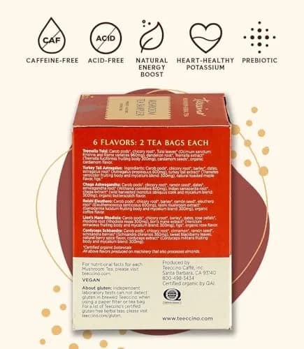 Teeccino Mushroom Herbal Tea - Mushroom Adaptogen Tea Sampler - 12 Tea Bags | Support Your Health with Mushrooms & Adaptogenic Herbs thumbnail 2
