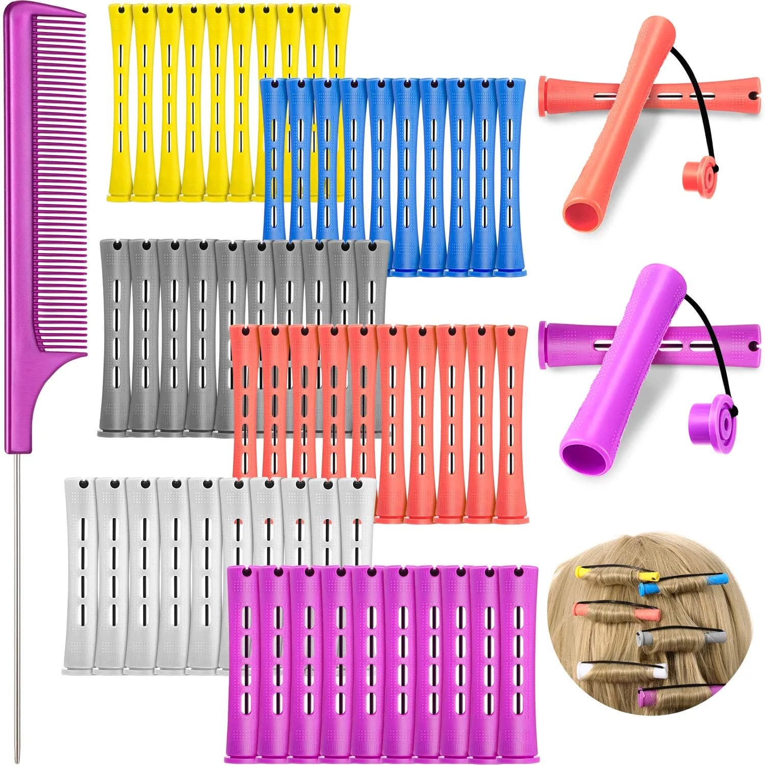 WILLBOND 60 Pcs Hair Perm Rods Set with Rat Tail Comb - Assorted Sizes for Short to Medium Hair — Soft Color