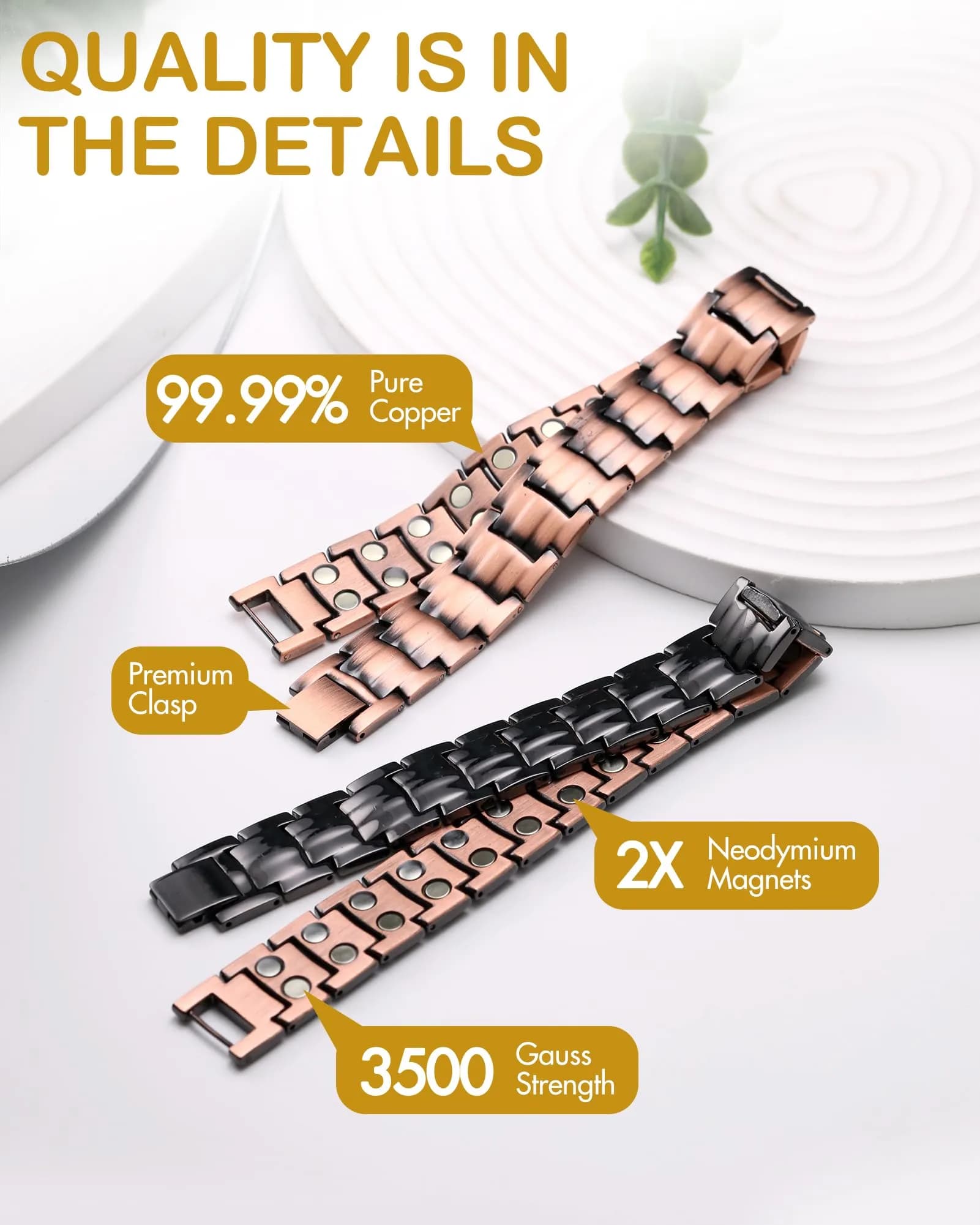 Feraco Men's Copper Magnetic Bracelet Black | Adjustable Size with 46 Magnets - view 5