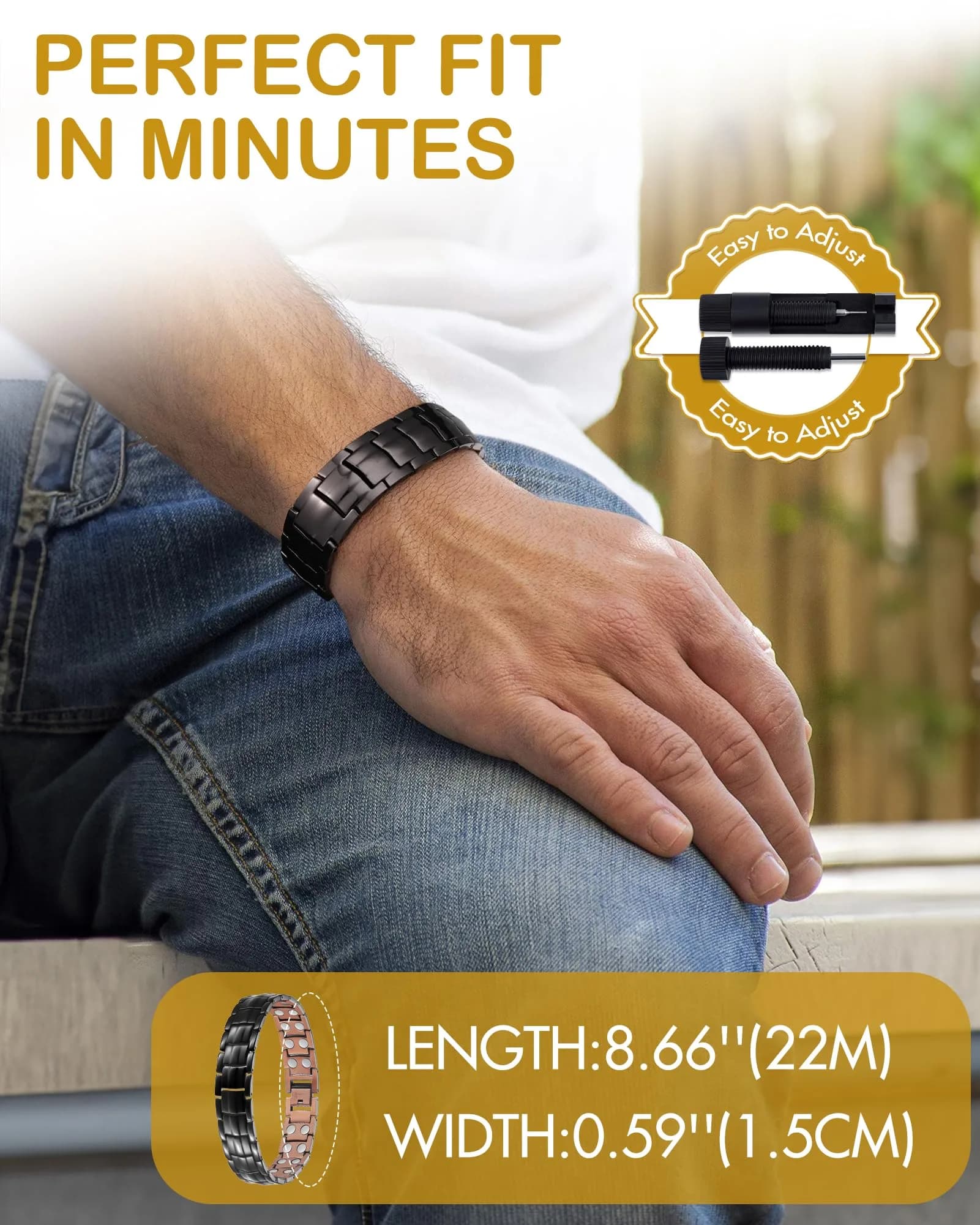Feraco Men's Copper Magnetic Bracelet Black | Adjustable Size with 46 Magnets - view 6
