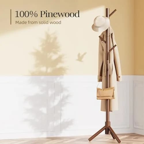 Pipishell Solid Wood Coat Rack Freestanding with 8 Hooks & 3 Height Options | Modern Brown Entryway Hall Tree thumbnail 3