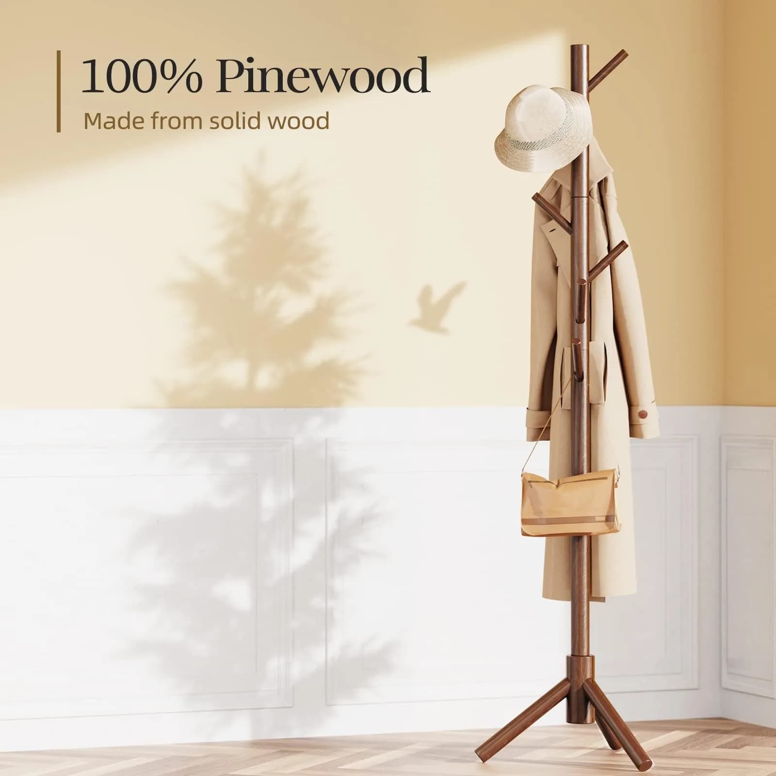 Pipishell Solid Wood Coat Rack Freestanding with 8 Hooks & 3 Height Options | Modern Brown Entryway Hall Tree - view 3