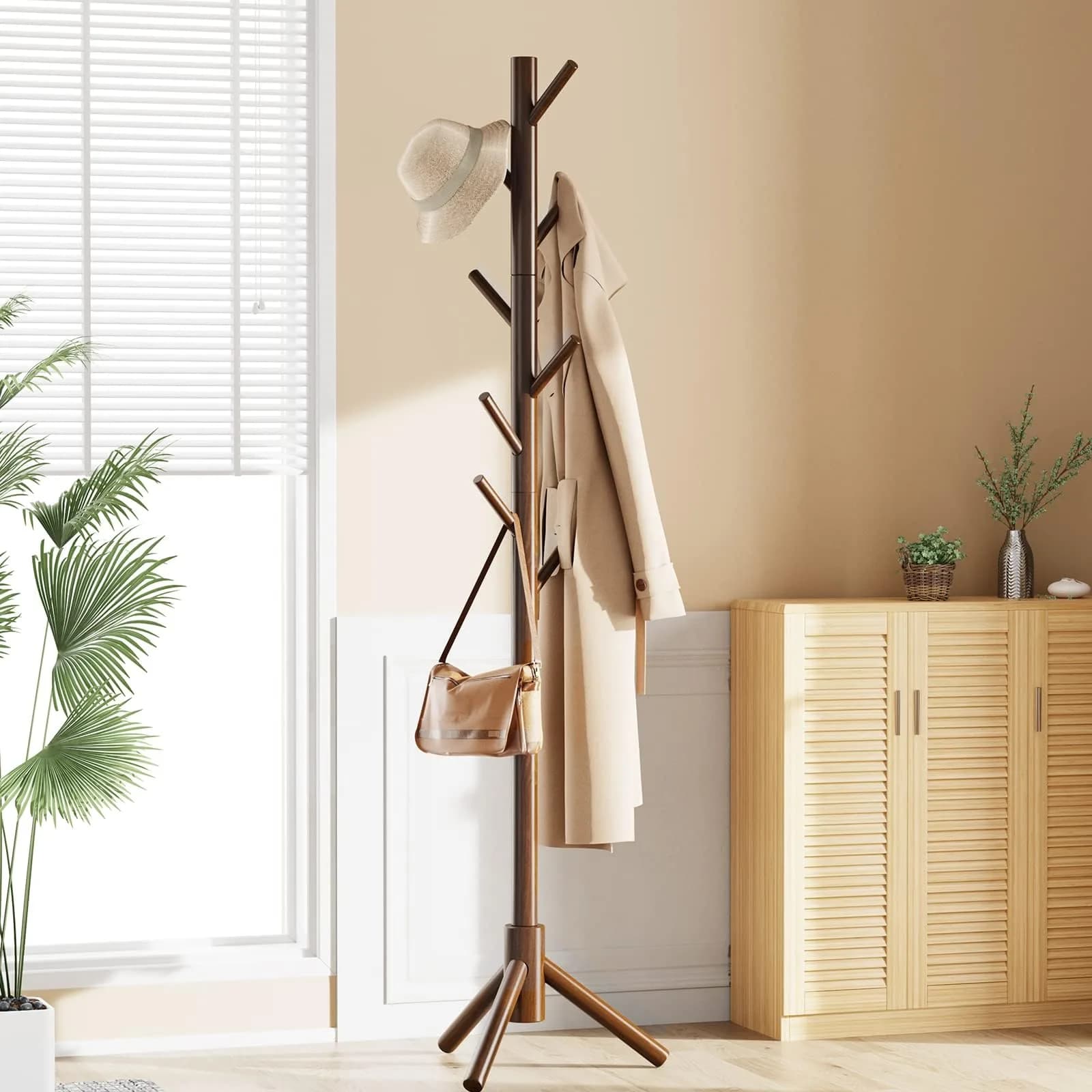 Pipishell Solid Wood Coat Rack Freestanding with 8 Hooks & 3 Height Options | Modern Brown Entryway Hall Tree - view 6