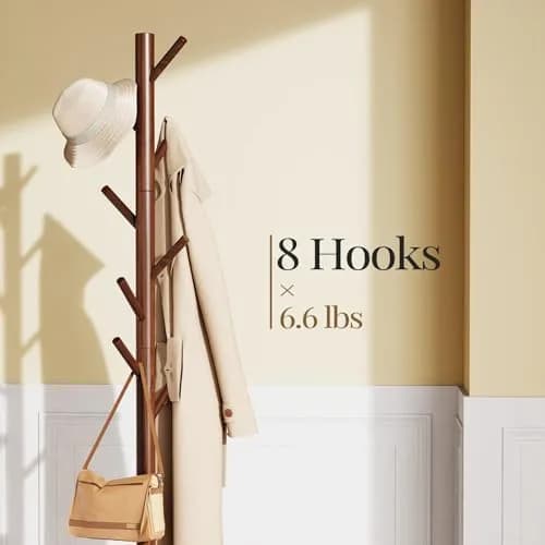 Pipishell Solid Wood Coat Rack Freestanding with 8 Hooks & 3 Height Options | Modern Brown Entryway Hall Tree thumbnail 1