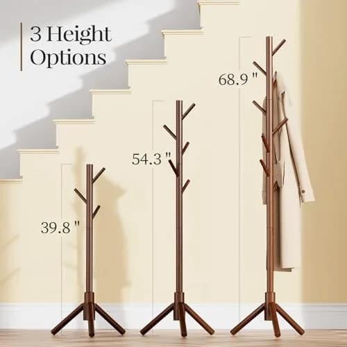 Pipishell Solid Wood Coat Rack Freestanding with 8 Hooks & 3 Height Options | Modern Brown Entryway Hall Tree thumbnail 2