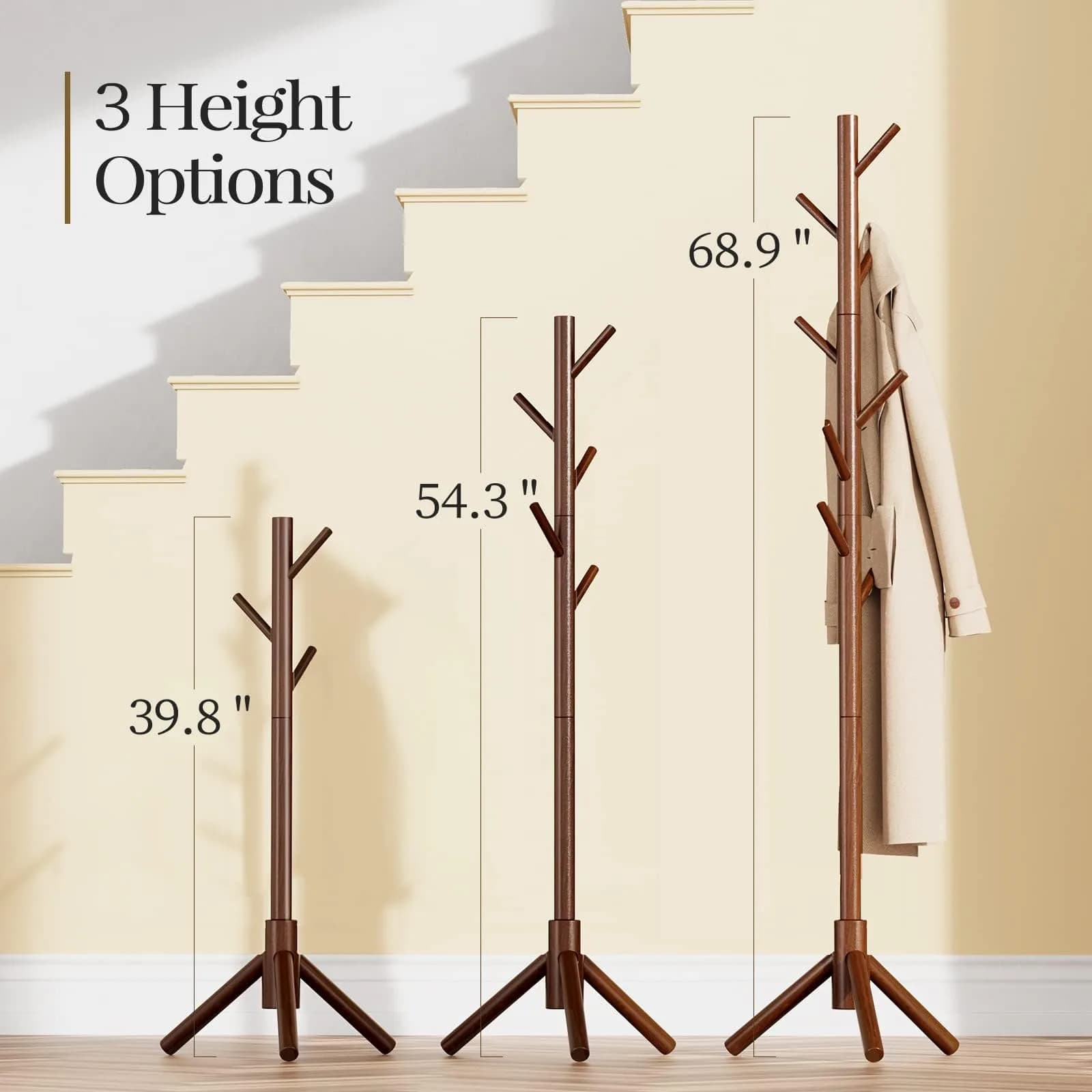 Pipishell Solid Wood Coat Rack Freestanding with 8 Hooks & 3 Height Options | Modern Brown Entryway Hall Tree - view 2