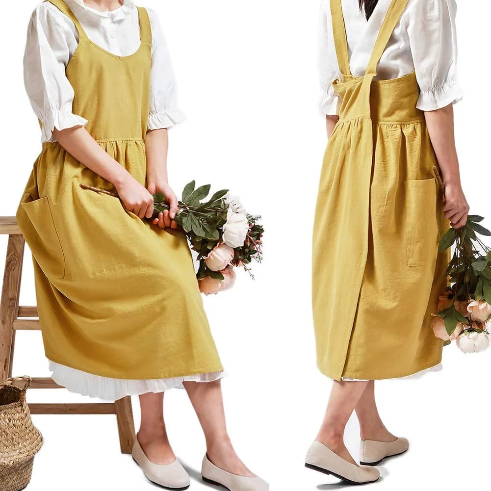 NEWGEM Japanese Cotton Cross Back Pinafore Apron for Women with Pockets Yellow 80cm (31.5in)