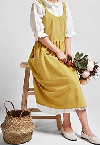 NEWGEM Japanese Cotton Cross Back Pinafore Apron for Women with Pockets Yellow 80cm (31.5in) thumbnail 4