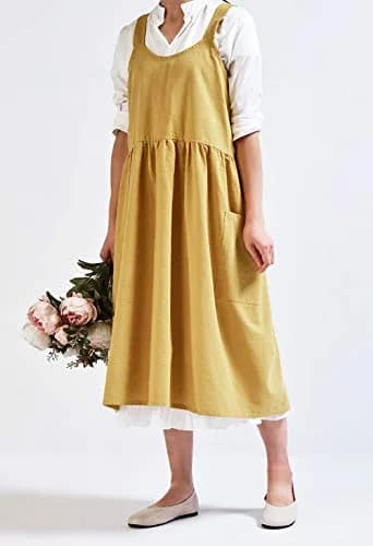 NEWGEM Japanese Cotton Cross Back Pinafore Apron for Women with Pockets Yellow 80cm (31.5in) thumbnail 3