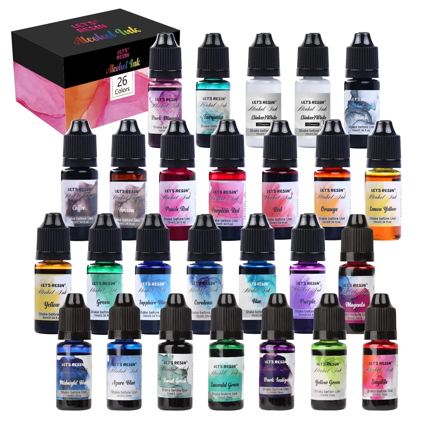 LET'S RESIN Concentrated Alcohol Ink Set 26 Colors (10ml/0.35oz Each) | Vibrant, Highly Pigmented for Resin Art — 26 Alcohol Ink Set
