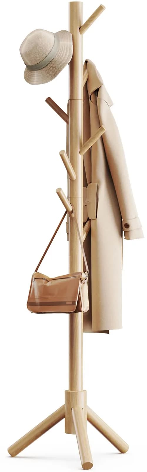 Pipishell Solid Wooden Coat Rack Freestanding with 8 Hooks, Natural | 1.7m (68.9") Height-Adjustable Entryway Stand — Wood
