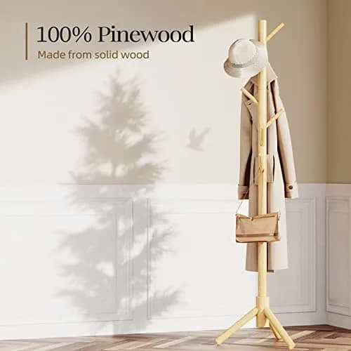 Pipishell Solid Wooden Coat Rack Freestanding with 8 Hooks, Natural | 1.7m (68.9") Height-Adjustable Entryway Stand thumbnail 3