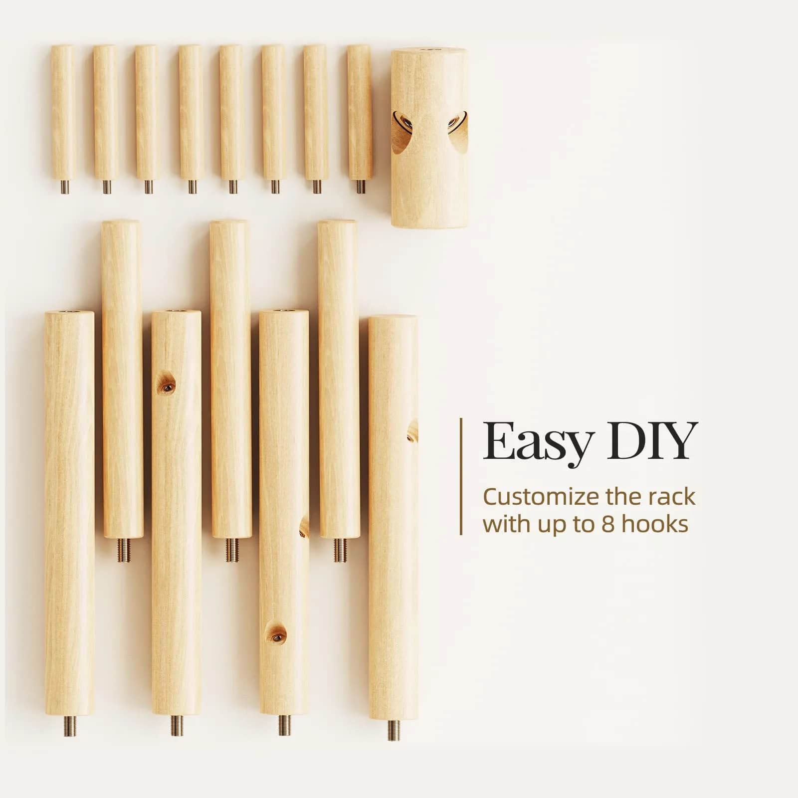 Pipishell Solid Wooden Coat Rack Freestanding with 8 Hooks, Natural | 1.7m (68.9") Height-Adjustable Entryway Stand - view 5