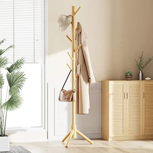 Pipishell Solid Wooden Coat Rack Freestanding with 8 Hooks, Natural | 1.7m (68.9") Height-Adjustable Entryway Stand thumbnail 6