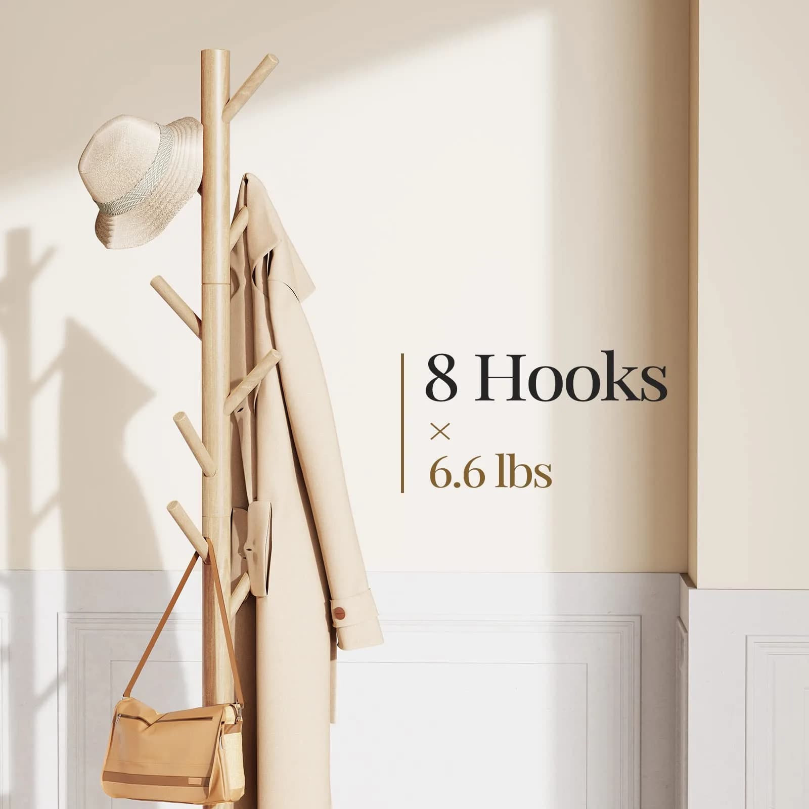 Pipishell Solid Wooden Coat Rack Freestanding with 8 Hooks, Natural | 1.7m (68.9") Height-Adjustable Entryway Stand - main product image
