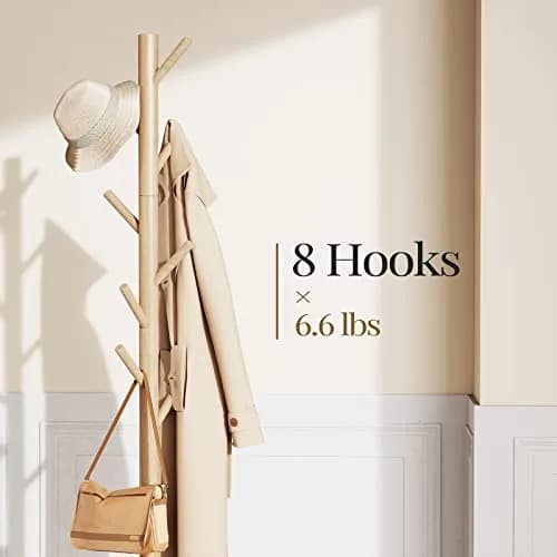 Pipishell Solid Wooden Coat Rack Freestanding with 8 Hooks, Natural | 1.7m (68.9") Height-Adjustable Entryway Stand thumbnail 1