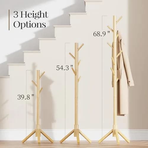 Pipishell Solid Wooden Coat Rack Freestanding with 8 Hooks, Natural | 1.7m (68.9") Height-Adjustable Entryway Stand thumbnail 2