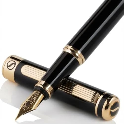Scriveiner Luxury Fountain Pen - Black Lacquer, Gold Finish, Schmidt Gilded Nib, Converter | Elegant British Design (110 characters) thumbnail 1