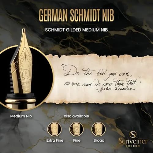 Scriveiner Luxury Fountain Pen - Black Lacquer, Gold Finish, Schmidt Gilded Nib, Converter | Elegant British Design (110 characters) thumbnail 5