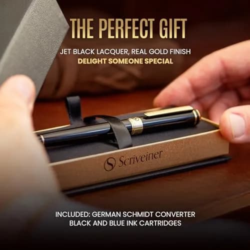 Scriveiner Luxury Fountain Pen - Black Lacquer, Gold Finish, Schmidt Gilded Nib, Converter | Elegant British Design (110 characters) thumbnail 3