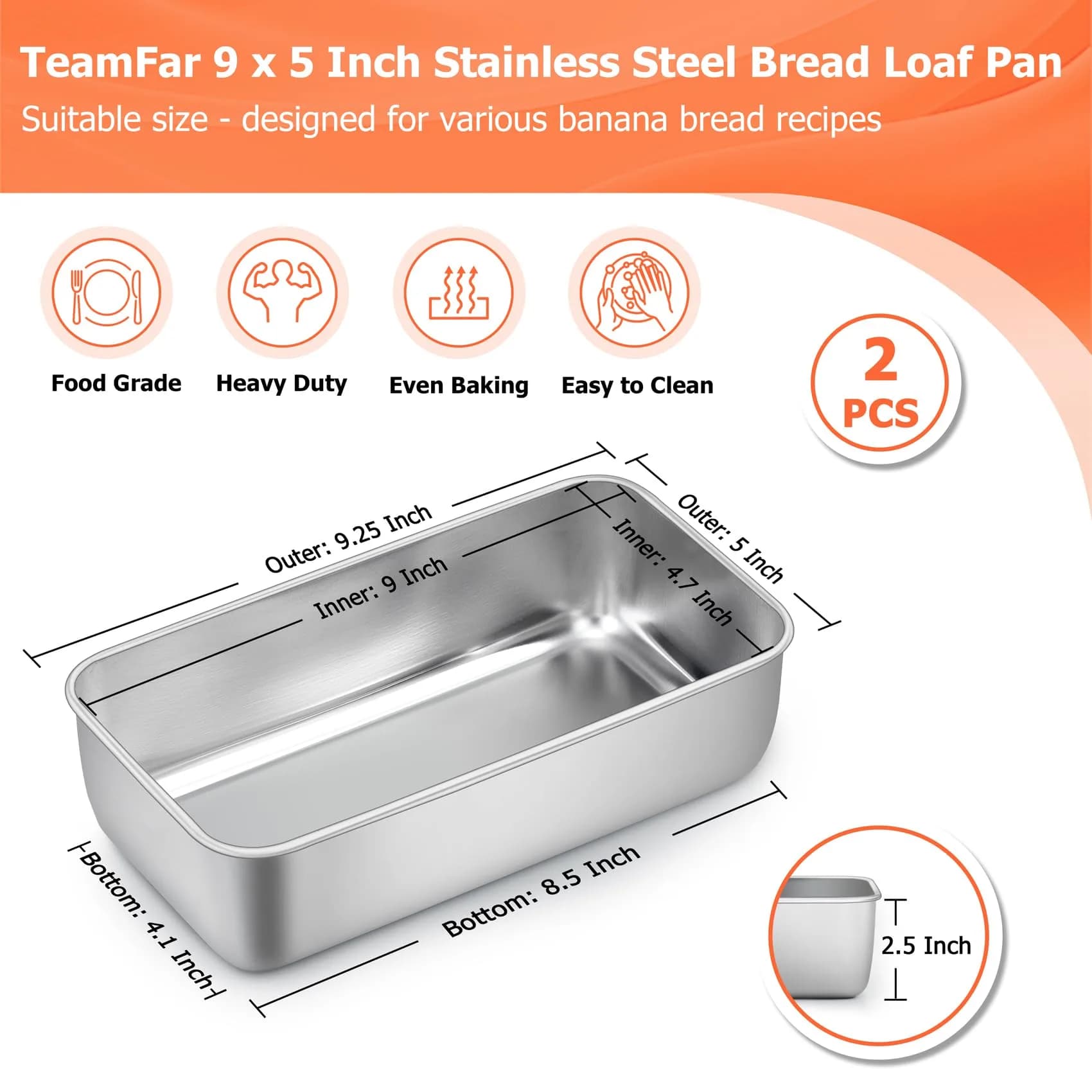 TeamFar Stainless Steel Loaf Pans for Baking Bread, 9.25 x 5 Inch (2-Pack) | Healthy, Non-Toxic, Oven-Safe Baking - view 2