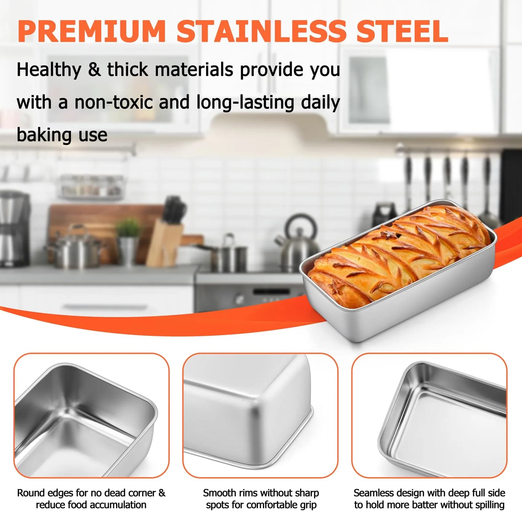 TeamFar Stainless Steel Loaf Pans for Baking Bread, 9.25 x 5 Inch (2-Pack) | Healthy, Non-Toxic, Oven-Safe Baking - view 3