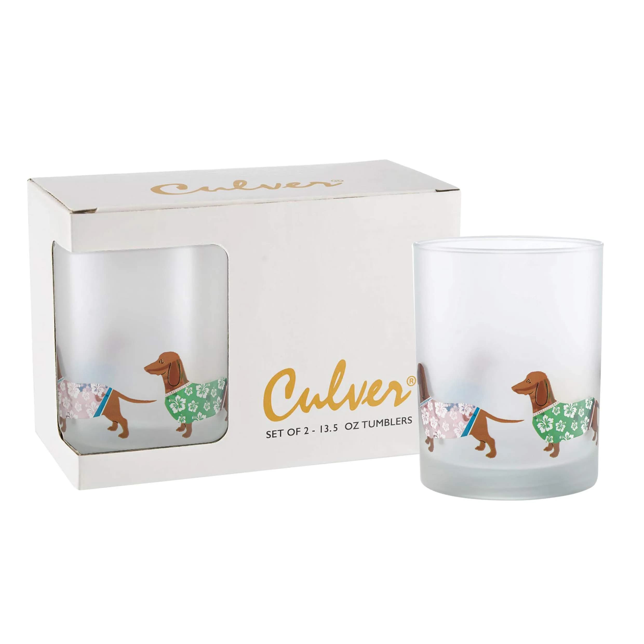 Culver Tropical Frosted Double Old Fashioned Glasses, 13.5-Ounce | Vibrant Frosted Design, Made in USA — Luau Dachshunds Dogs