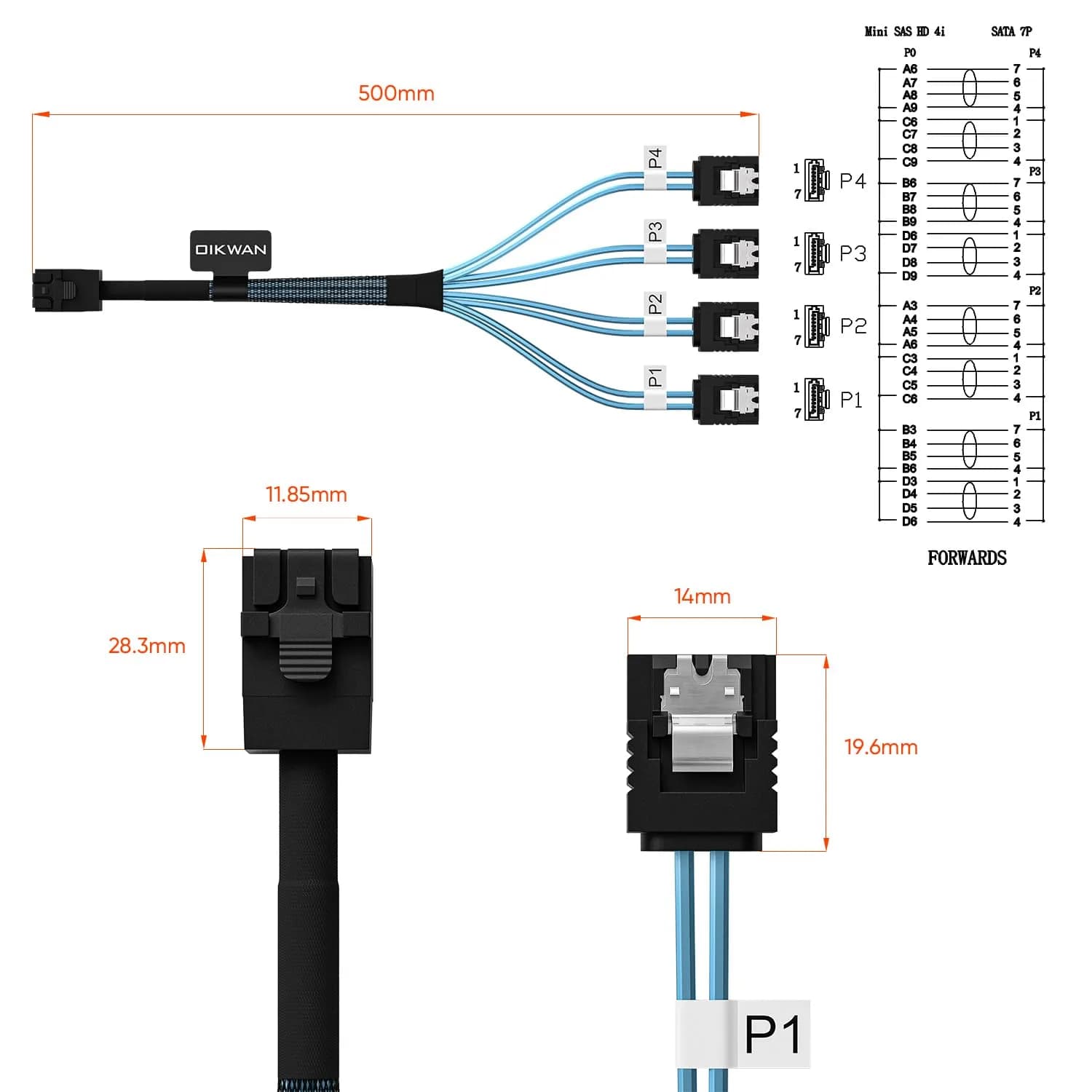 OIKWAN Internal HD Mini SAS to 4XSATA Cable 0.49m (1.6ft) | Connects RAID Controller to 4 SATA Drives - view 3