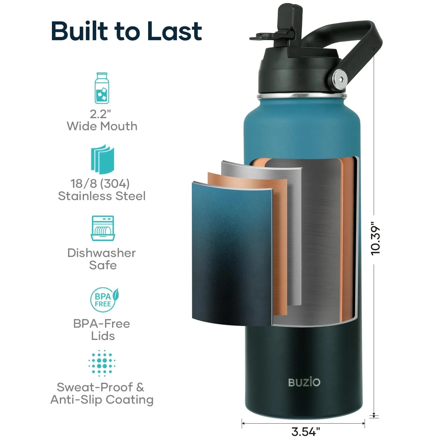 BUZIO 40 oz (1180 ml) Insulated Water Bottle with Paracord Handle & Straw Spout Lids | Keeps Cold 48 Hrs, Hot 24 Hrs - view 5