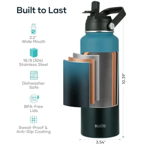BUZIO 40 oz (1180 ml) Insulated Water Bottle with Paracord Handle & Straw Spout Lids | Keeps Cold 48 Hrs, Hot 24 Hrs thumbnail 5