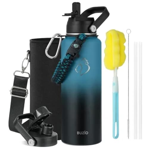 BUZIO 40 oz (1180 ml) Insulated Water Bottle with Paracord Handle & Straw Spout Lids | Keeps Cold 48 Hrs, Hot 24 Hrs thumbnail 1