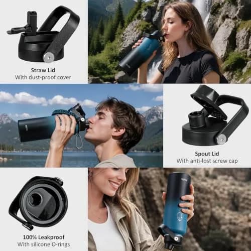 BUZIO 40 oz (1180 ml) Insulated Water Bottle with Paracord Handle & Straw Spout Lids | Keeps Cold 48 Hrs, Hot 24 Hrs thumbnail 3