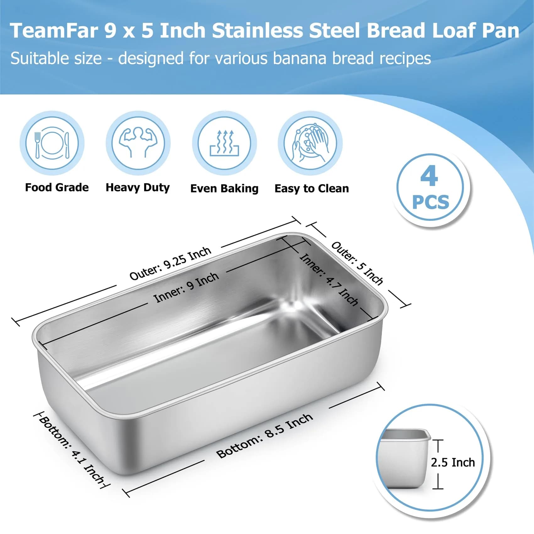TeamFar Stainless Steel Loaf Pan Set of 4 | 23cm x 13cm x 6.4cm (9.25" x 5" x 2.5") - view 2