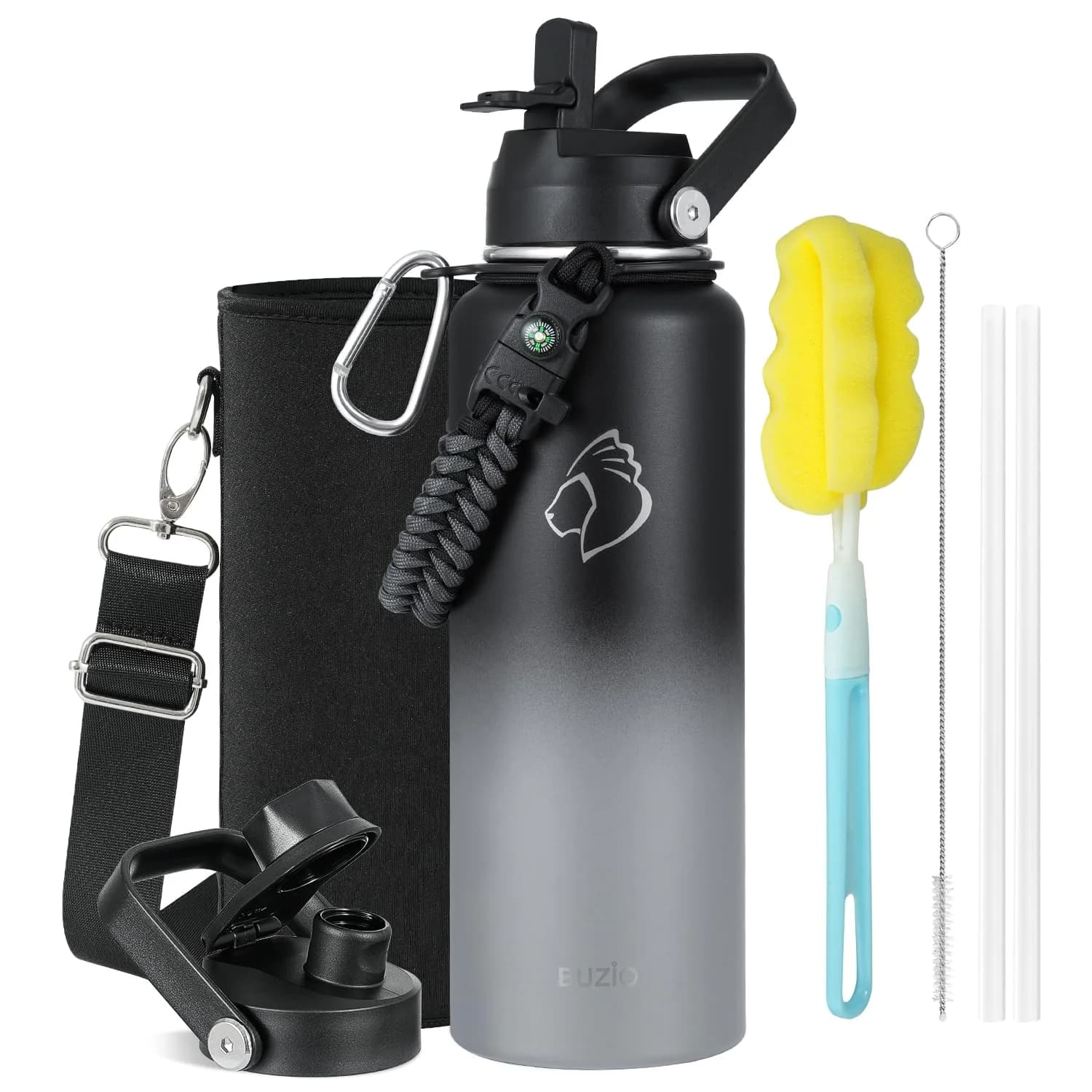 BUZIO 1183ml (40 oz) Insulated Water Bottle with Paracord Handle & Straw Spout Lids | Keeps Cold 48 Hrs, Hot 24 Hrs - main product image