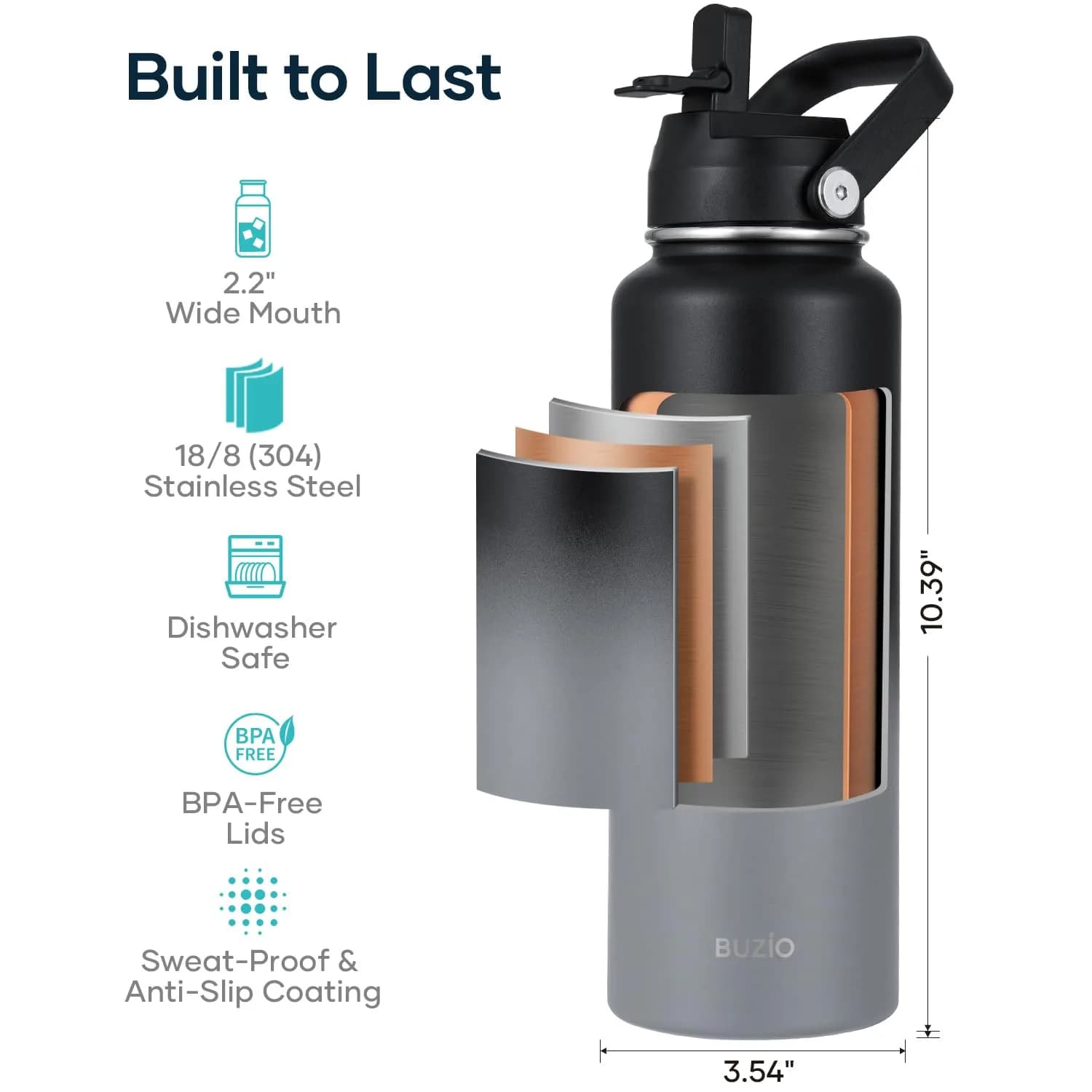 BUZIO 1183ml (40 oz) Insulated Water Bottle with Paracord Handle & Straw Spout Lids | Keeps Cold 48 Hrs, Hot 24 Hrs - view 5