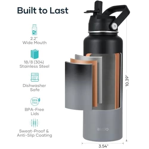 BUZIO 1183ml (40 oz) Insulated Water Bottle with Paracord Handle & Straw Spout Lids | Keeps Cold 48 Hrs, Hot 24 Hrs thumbnail 5