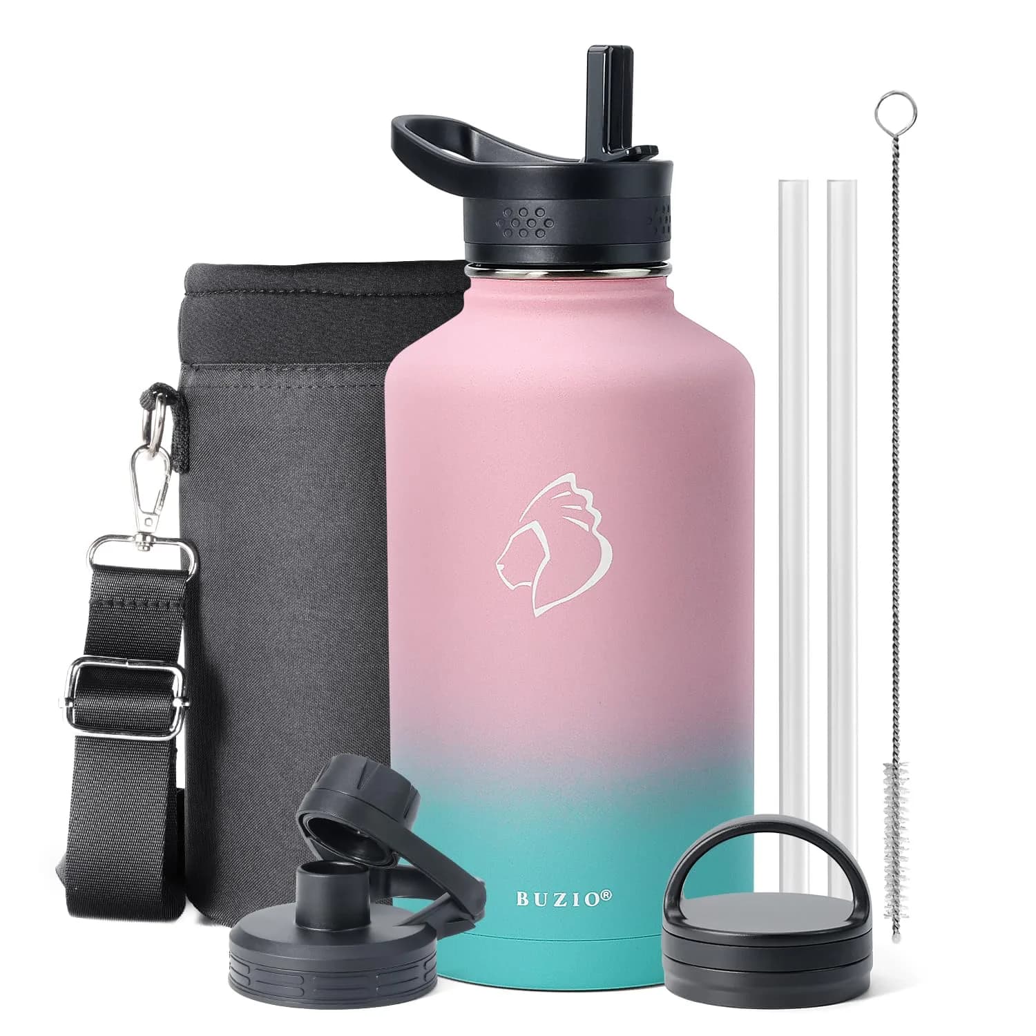 BUZIO 1.89L (64oz) Insulated Water Jug with Straw & 3 Lids | Keeps Cold 48 Hrs, Hot 24 Hrs - main product image