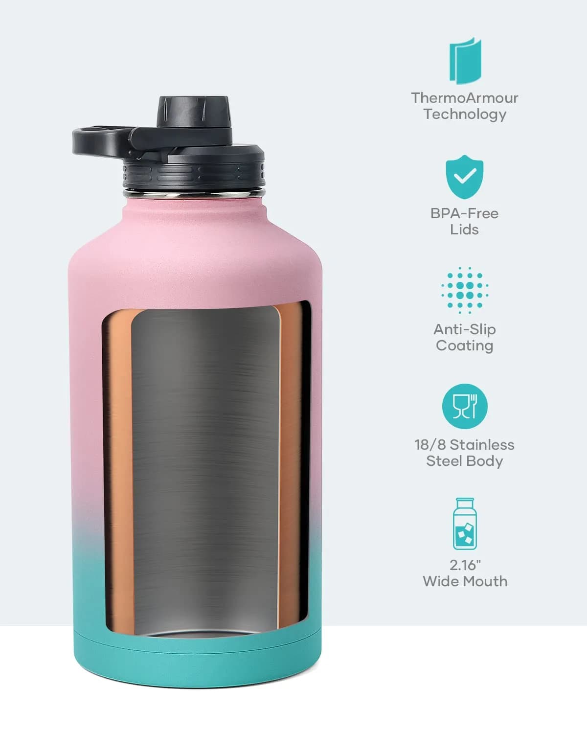 BUZIO 1.89L (64oz) Insulated Water Jug with Straw & 3 Lids | Keeps Cold 48 Hrs, Hot 24 Hrs - view 4