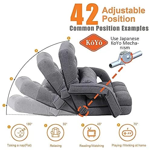 FLOGUOR Indoor Floor Gaming Chair with Back Support, 14-Position Folding Lazy Sofa, Grey | Adjustable Lounge for Living Room & Bedroom thumbnail 2